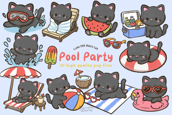 Download Kawaii Pool Party Black Cat Clipart - Premium Bundle
